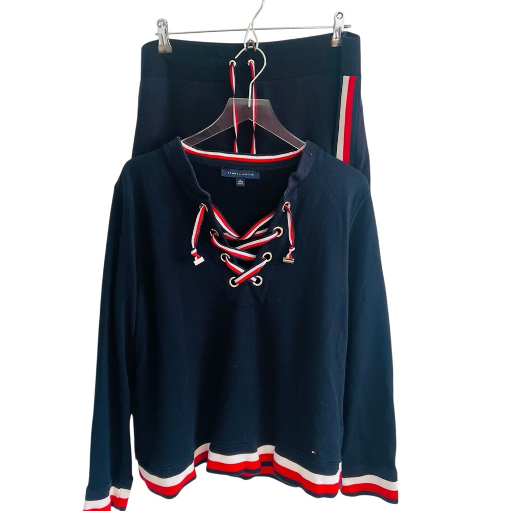 Tommy Hilfiger Navy Lace-Up Top and Skirt with Red and White Trim